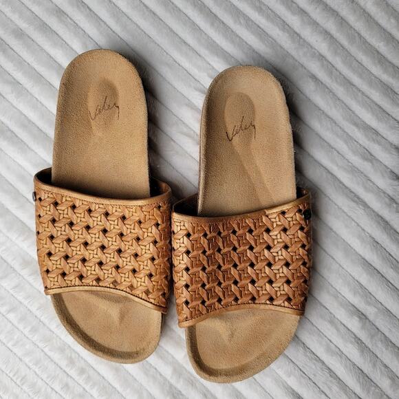 Woven Slide Sandals 7.5 Boho Cottagecore Cork Footbed Tan Leather Mules - Picture 3 of 6